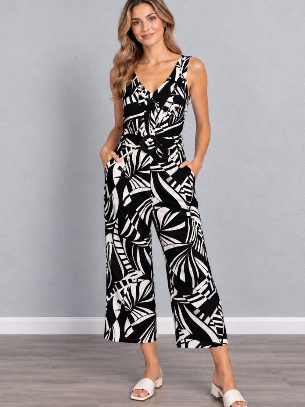 Tahari Black White Tropical Print Linen Blend Belted Wide Leg Cropped Jumpsuit 6